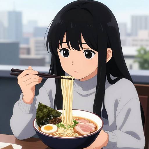 Anime Girl Eating Ramen on Rooftop