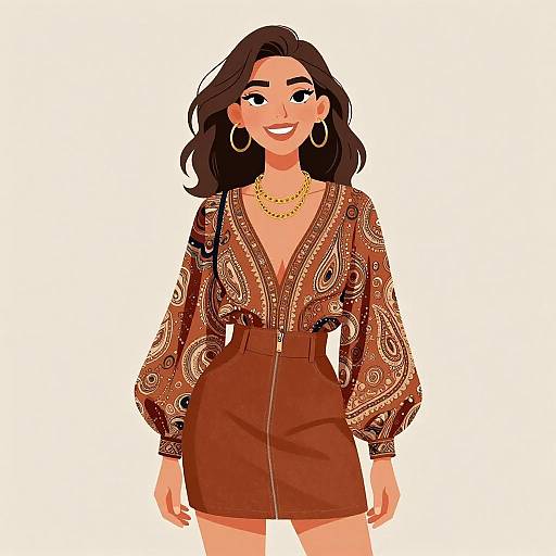Digital illustration of a smiling, dark-haired woman in a patterned, deep V-neck blouse and brown skirt with a zipper, wearing large hoop earrings and