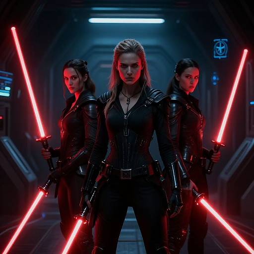 Photograph-style CGI: Three women in black, glossy, armored suits with red lightsabers, standing in a dimly lit sci-fi corridor.