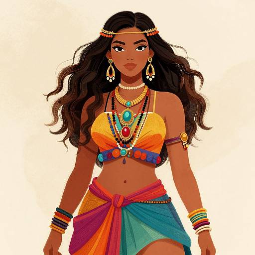 Digital illustration of a dark-skinned woman with long black hair, wearing colorful traditional Indian attire, jewelry, and headpiece, with a confident stance.