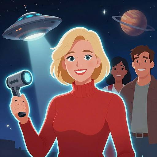 Blonde Woman with UFO in Starry Space