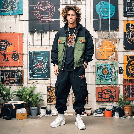 Young Man Posing Against Colorful Graffiti Wall
