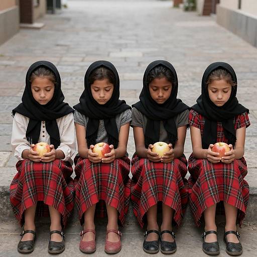 Young Girls with Apples on Stone Path