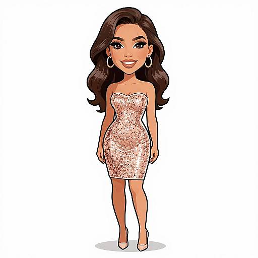 Digital cartoon of a smiling woman with long dark hair, wearing a sparkling pink sequin strapless dress and white heels.
