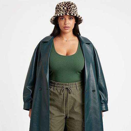 Photograph of a young woman with dark skin, wearing a leopard print bucket hat, green ribbed tank top, olive green pants, and a dark