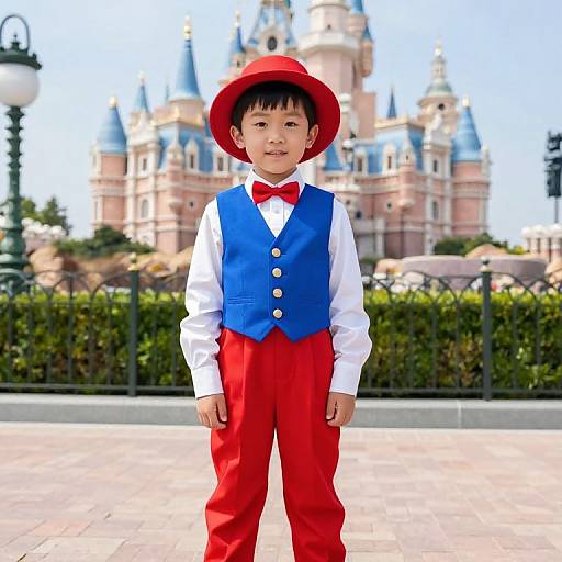 Photograph of young Asian boy in blue vest, red bowtie, red pants, and red hat, standing in front of a Disney castle.