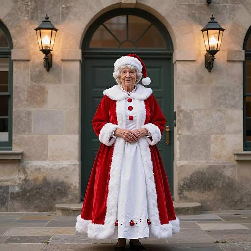 Elderly woman in Victorian Mrs. Claus costume