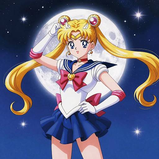 Anime-style digital drawing of Sailor Moon with long blonde pigtails, white gloves, and blue sailor uniform, saluting in front of a full moon