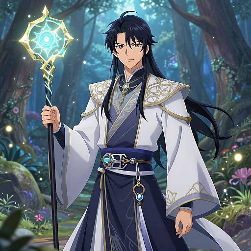 Anime-style digital artwork of a tall, black-haired mage with long hair, wearing a white and blue robe, holding a glowing staff in a mystical forest