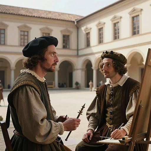 Photograph of two Renaissance-era men in period clothing, one holding a paintbrush, standing in a sunlit courtyard with classical architecture.