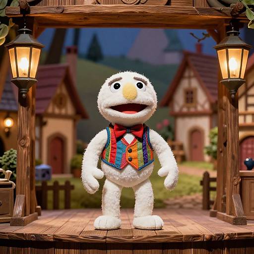 Digital illustration of white, fluffy Elmo-like character in colorful vest and bowtie, standing under wooden gazebo with lanterns, in front of fair
