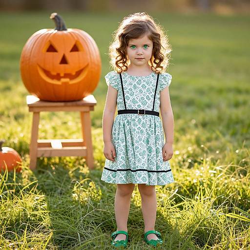 Photograph of a curly-haired young girl in a white floral dress with black straps, standing in a sunlit grassy field, in front of a