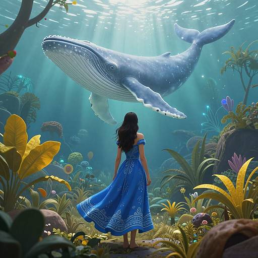 Digital illustration: A girl in a blue dress stands in an underwater forest, gazing at a massive, white whale with sunlight filtering through the water.