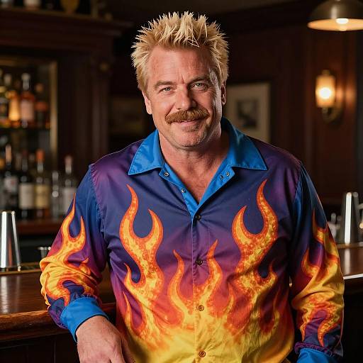Man in Flame-Patterned Shirt at Bar