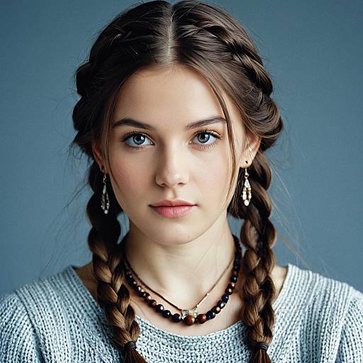Young Woman with Twin Braids and Jewelry