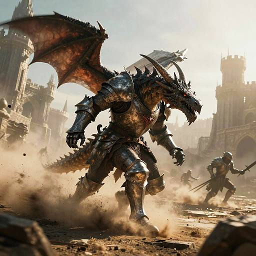 CGI fantasy battle scene: muscular, armored dragon warrior with red wings and sharp claws stomps through dusty ruins, sunlight illuminating crumbling Gothic architecture in