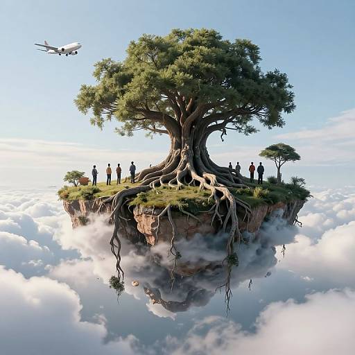 Digital artwork of a floating island with a large tree, roots visible, surrounded by clouds. Silhouetted figures stand on top, a flying plane