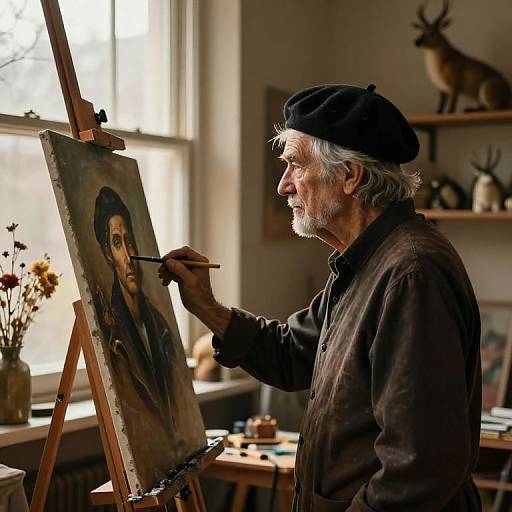 Photograph of an elderly white artist with gray hair and beard, wearing a black beret and brown shirt, painting a portrait on an easel in