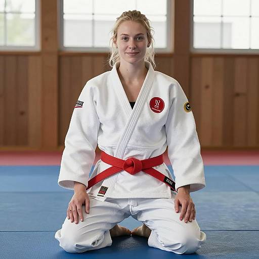 Woman in White Judo Gi Kneeling on Blue Mat
