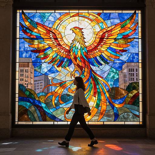Photograph of a silhouetted woman walking past a vibrant, colorful stained glass window depicting a radiant phoenix with outstretched wings, set against