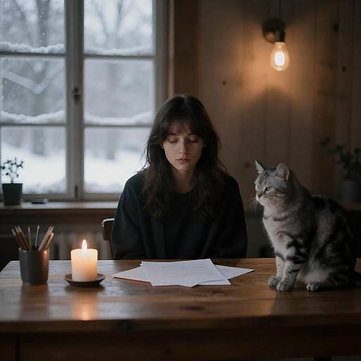Woman in Dimly Lit Room with Cat