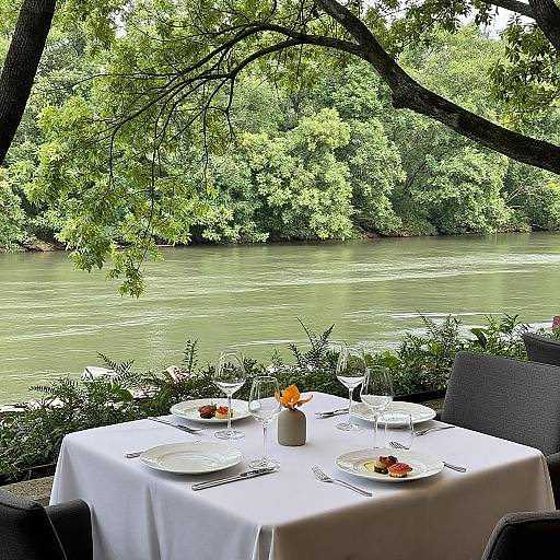 Photograph of a romantic outdoor riverside table with white cloth, two plates of dessert, wine glasses, and a small candle, surrounded by lush green