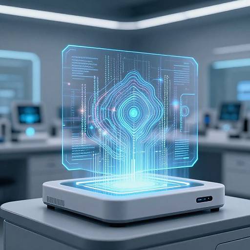 Photograph of a futuristic, glowing blue holographic interface with intricate, neon lines and a central circular pattern, displayed on a white, rectangular, electronic