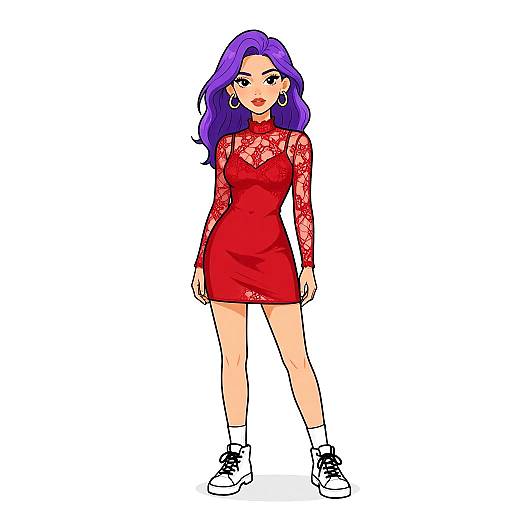 Digital anime-style drawing of a purple-haired woman in a red lace dress, white sneakers, and hoop earrings, standing against a white background.