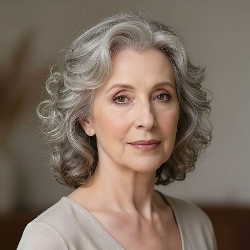 Photograph of an older woman with short, wavy gray hair, light skin, and subtle makeup, wearing a beige top, smiling softly.
