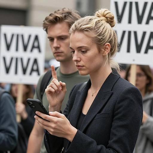 Focused Duo Amidst Protest Imagery