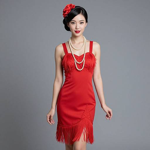 Photograph of an Asian woman in a red fringe dress, pearl necklace, red flower hair accessory, standing against a gray background.
