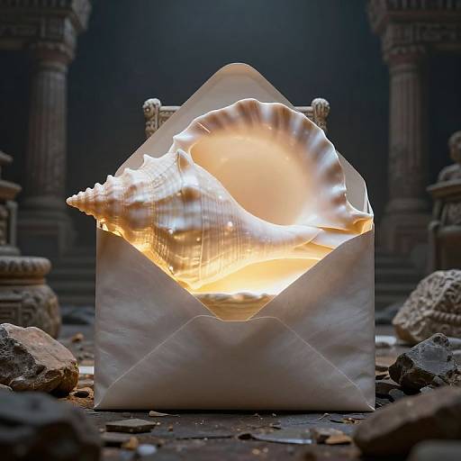 Photograph of a glowing, open envelope containing a radiant, illuminated spiral shell, surrounded by ancient ruins and scattered stones.