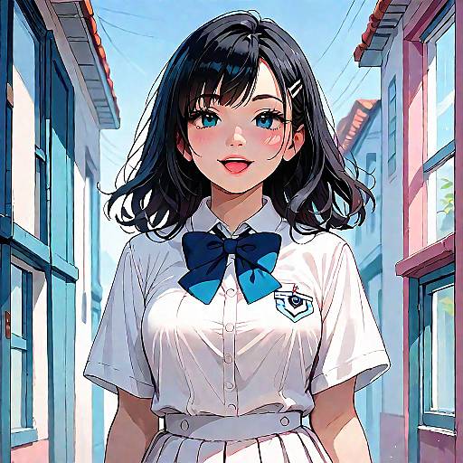 Digital anime-style drawing of a cute, young Asian woman with blue eyes, black wavy hair, wearing a white school uniform with blue bow, standing
