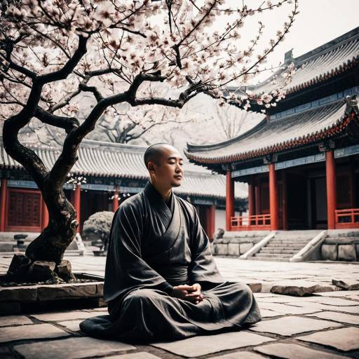 Serene Monk Meditating in Traditional Chinese Temple Courtyard