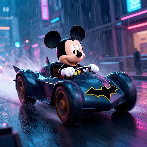 CGI image of Mickey Mouse driving a Batmobile-style car in a neon-lit, rainy city street, with vibrant, colorful lights in the background