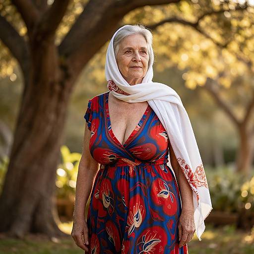 Graceful Elderly Woman in Sunlit Garden