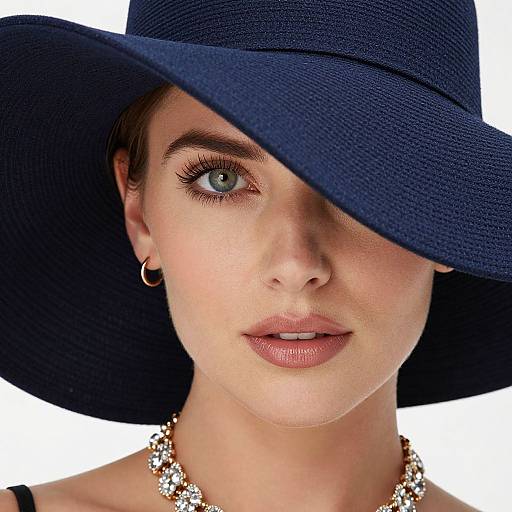 Close-up photograph of a woman with fair skin, blue eyes, wearing a large navy blue hat, gold hoop earrings, and a beaded necklace,