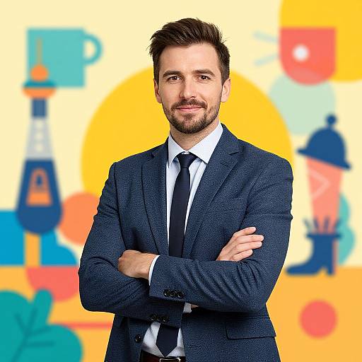Photograph of a smiling, bearded man with short brown hair, wearing a dark blue suit, white shirt, and black tie, arms crossed,