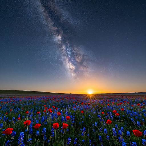 Photograph of a vibrant sunset over a field of red poppies and blue cornflowers, with the Milky Way galaxy visible in the darkening sky.