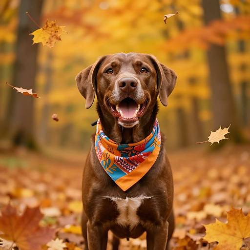 Photograph of a happy brown dog with a colorful bandana, standing in a forest of autumn leaves with yellow and orange foliage.