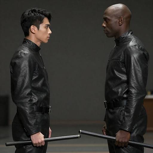 Two Men Facing Off with Batons in Black Leather