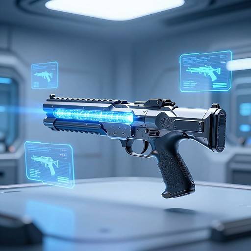 CGI image of a futuristic black handgun with glowing blue light and holographic weapon displays floating in a sleek, blue-lit room.
