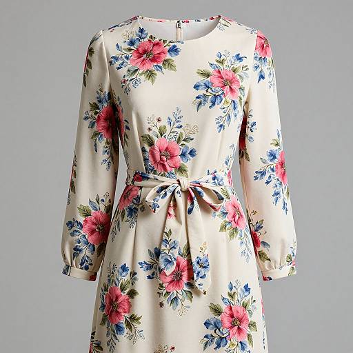 Photograph of a long-sleeved, cream-colored floral dress with pink and blue flowers, a round neckline, and a tied waist, displayed against