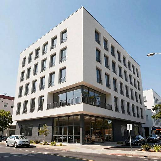 Photograph of a modern, four-story white building with black balconies and large glass windows, situated on a sunny urban street corner.