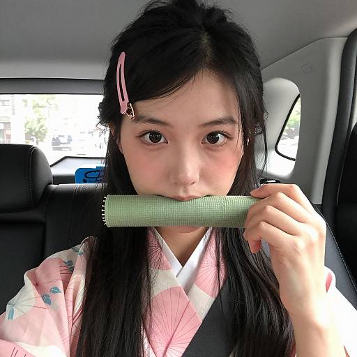 Asian Woman Wearing Kimono in Car Holding Green Umbrella Roll