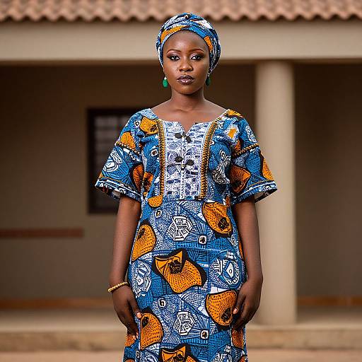 Photograph of a confident, dark-skinned African woman in a colorful blue and orange patterned dress and matching headscarf, standing in front of