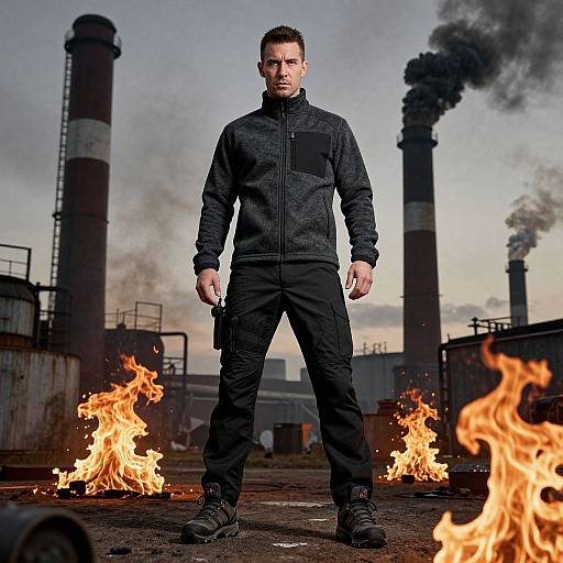 Photograph of a serious, muscular man in black tactical gear standing between burning fires, with industrial smokestacks and smoke in the background.