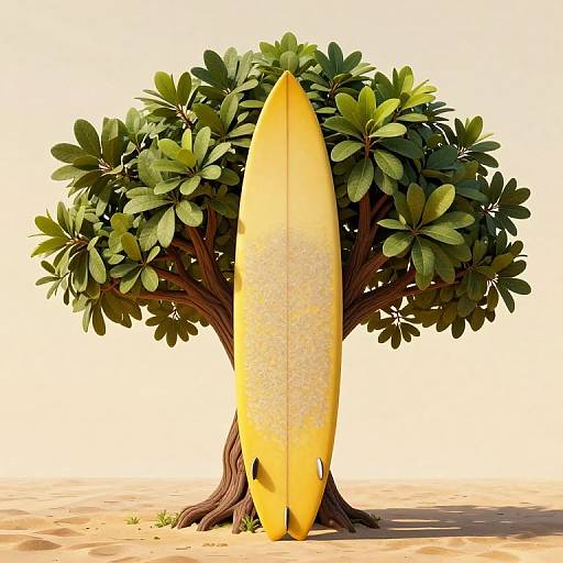 Photorealistic CGI image of a tall, yellow surfboard standing upright in front of a lush, green leafy tree on sandy ground.