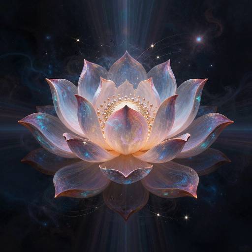 Digital artwork of a glowing, ethereal lotus flower with iridescent petals, illuminated from within, reflecting on a dark, starry background.