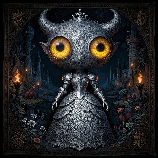 Digital artwork of a metallic, horned, child-like figure with glowing orange eyes, intricate armor dress, and castle background with torches and flowers.
